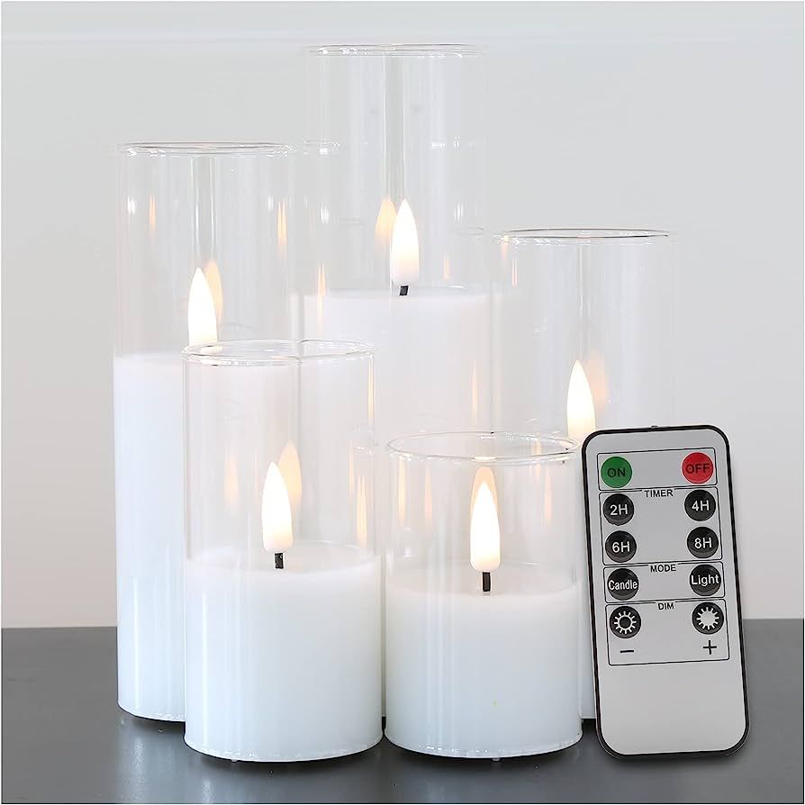 Eywamage Clear Glass Flameless Candles with Remote, Flickering Slim Tall LED Wax Candles, Battery... | Amazon (US)