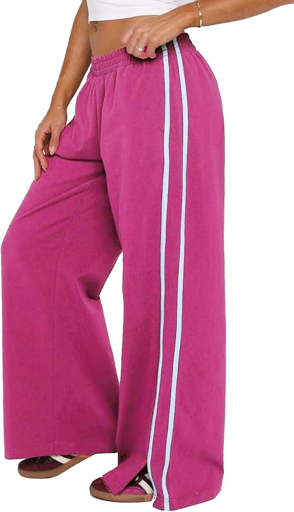 Women's Elasticated Waistband Side Pockets Double Stripe Split at Bottom Hem Wide Leg Pants | Amazon (US)