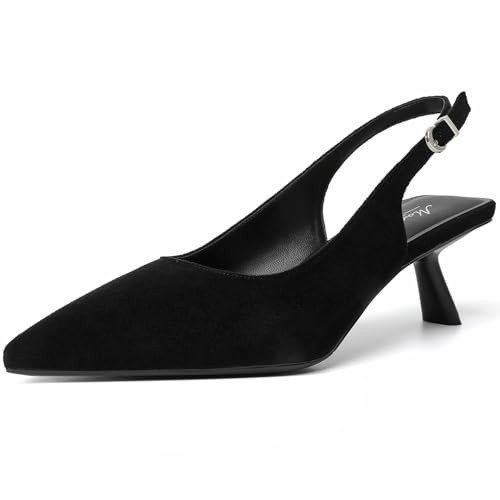 Mostrin Black Suede Kitten Heels for Women Sexy Pointed Toe Slingback Low Heels Dressy Pumps Shoes for Party Size 10 | Amazon (US)