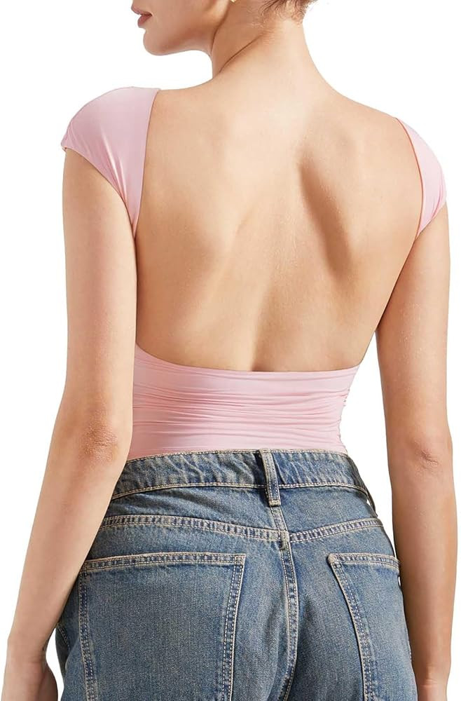 SUUKSESS Women Backless Sexy Going Out Tops Double Lined Open Back Y2k Basic Tee Shirts | Amazon (US)