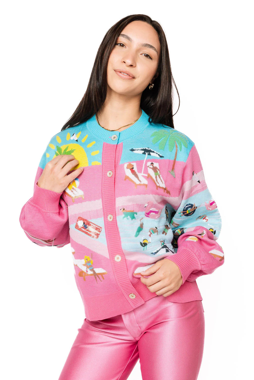 Pink Button Up Swimming Pool Button Up Cardigan | Queen of Sparkles