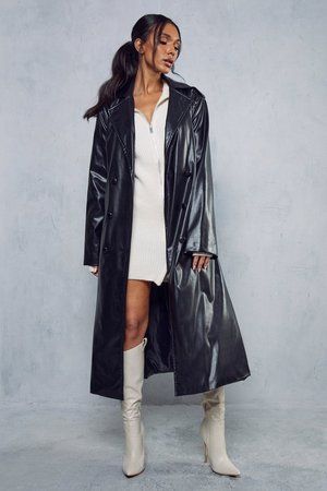 Misse Leather Look Longline Trench Coat | Miss Pap UK