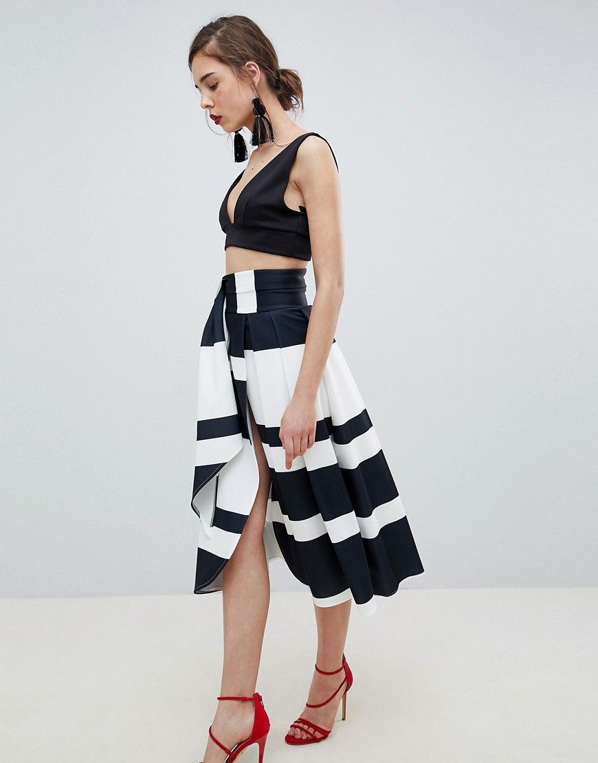 ASOS DESIGN scuba wrap prom skirt with split and tie waist in stripe - Multi | ASOS US
