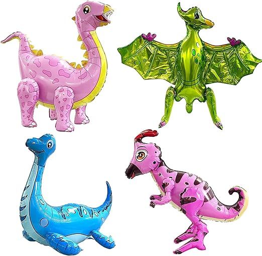 4Pack Giant Dinosaur Balloons for Birthday Party Decorations,Cute Self Standing Dino Aluminium Fo... | Amazon (US)