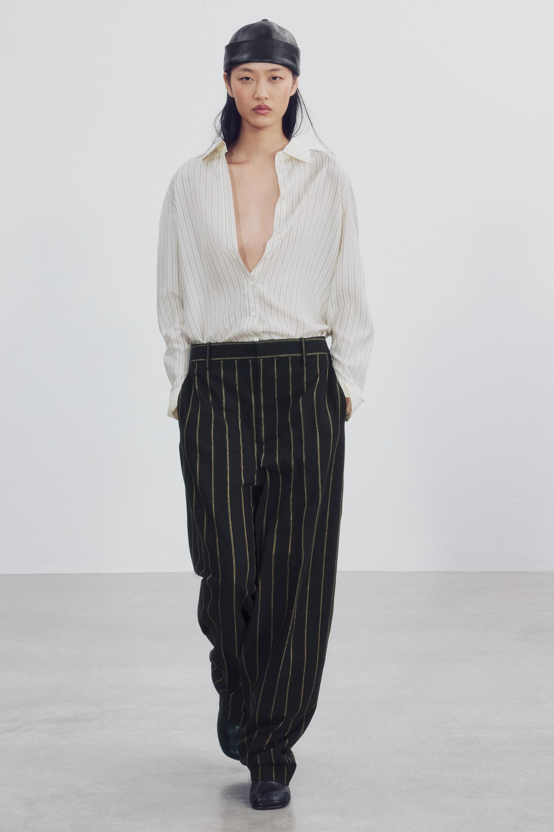 Zara - Striped Zw Collection Pants - Brown - L - Woman | Zara US