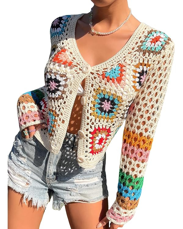 MakeMeChic Women's Crochet Beach Cover Up Button Front Hollow Out Cardigan Sweater | Amazon (US)