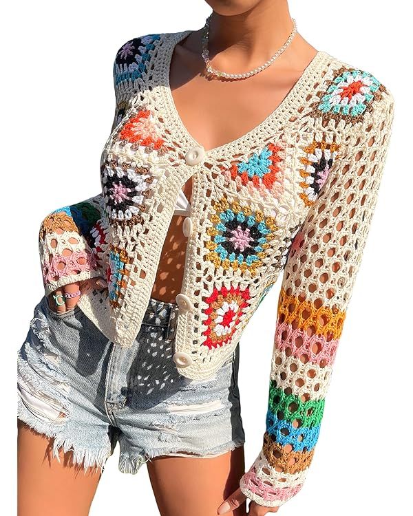 MakeMeChic Women's Crochet Beach Cover Up Button Front Hollow Out Cardigan Sweater | Amazon (US)