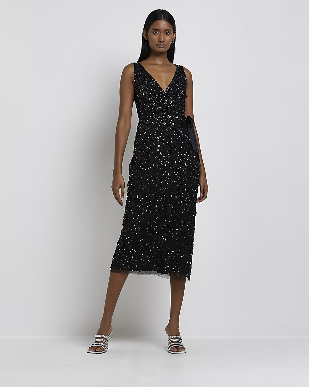 Black Sequin Wrap Midi Dress | River Island (UK & IE)