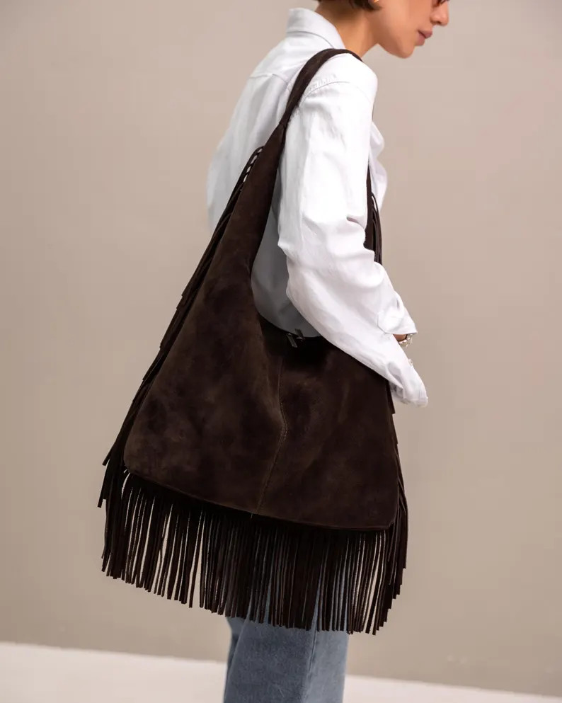 Brown Suede Fringe Shoulder Bag \u2013 Handmade Boho Leather Tote, Large Everyday Hobo Ba | Etsy (Global)
