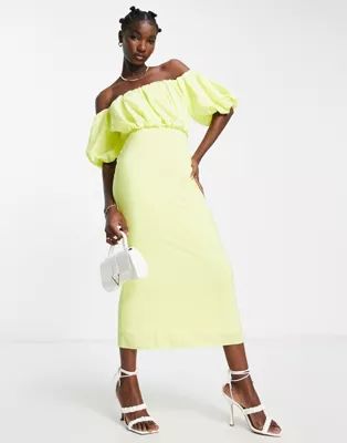 ASOS DESIGN off the shoulder puff detail midi dress in lemon | ASOS (Global)