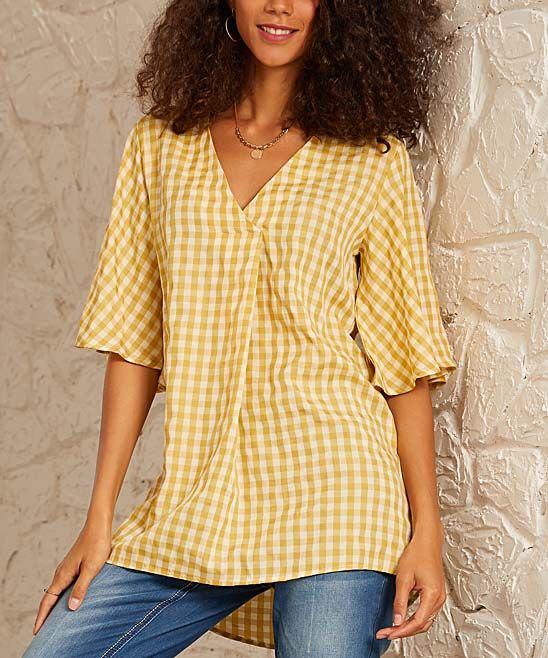 Suzanne Betro Weekend Women's Tunics 101 - Mustard Yellow & White Gingham Knot-Sleeve V-Neck Tunic - | Zulily