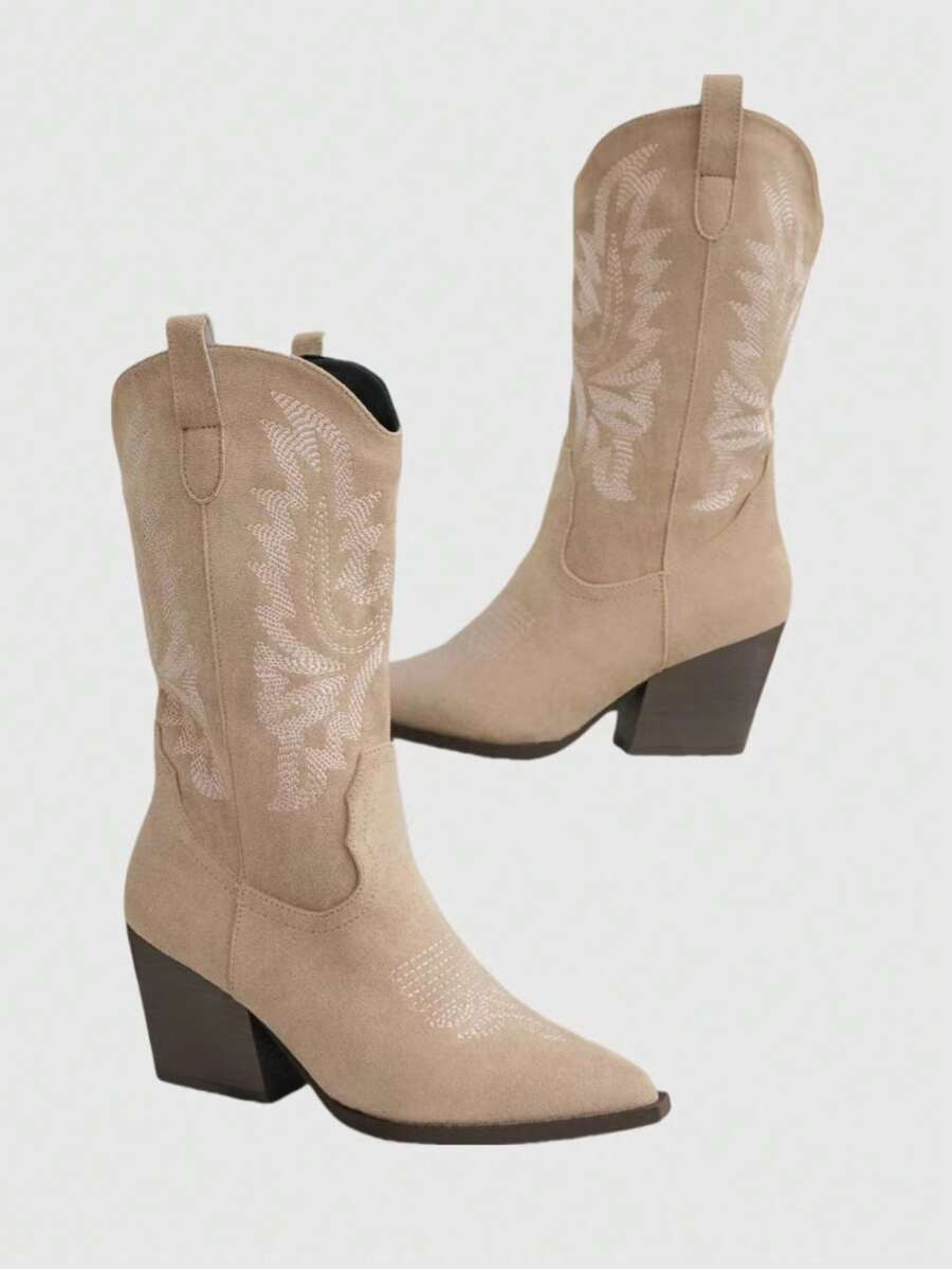 ROMWE Fairycore Women's Retro V-Neck Pointed Toe Chunky Heel Embroidery Western Cowboy Boots, Sli... | SHEIN