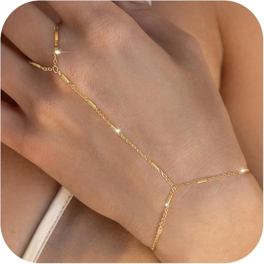 Gold Hand Chain Bracelets for Women, 14K Gold Plated Hand Chain Dainty Finger Ring Bracelet Gold ... | Amazon (US)