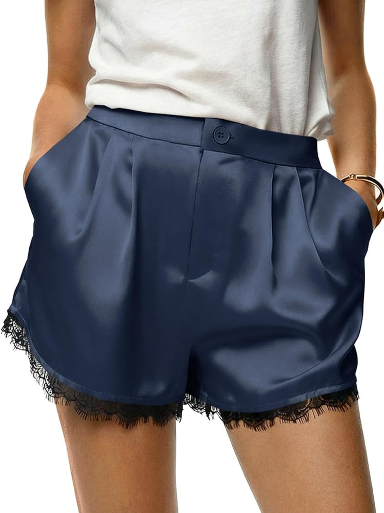 Tankaneo Pantalones cortos de seda satinada para mujer, pantalones cortos de verano casuales de c... | Amazon (US)