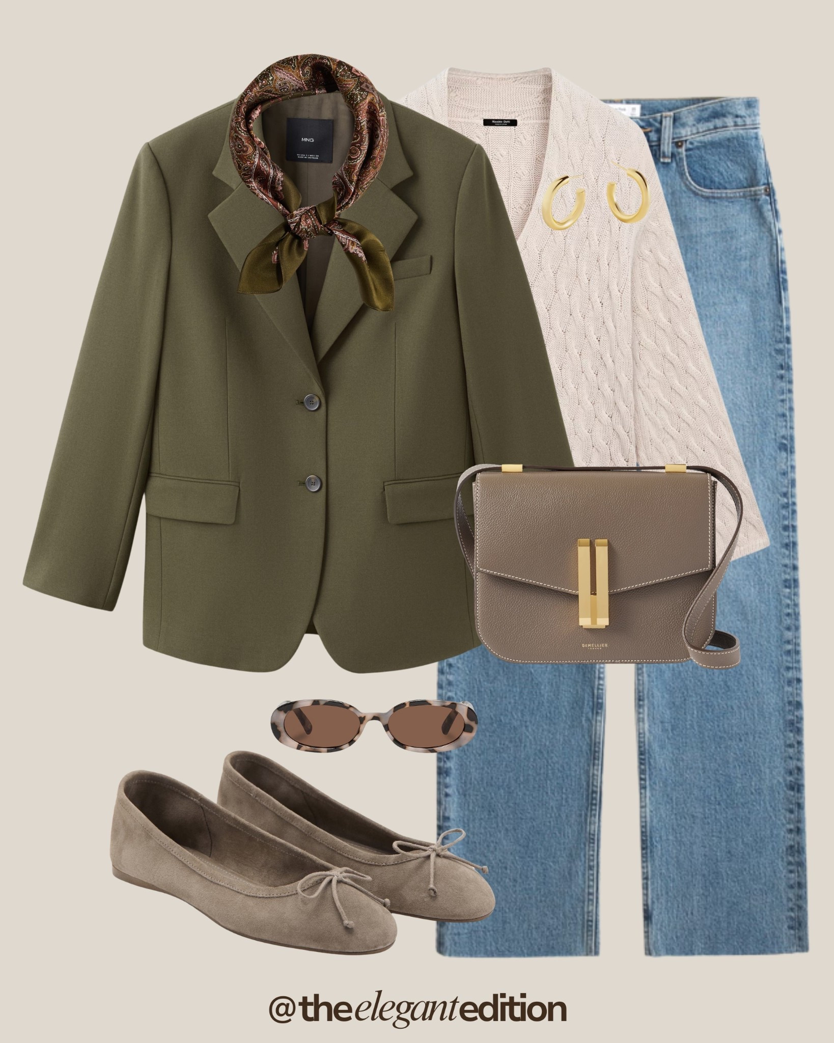 Olive Green Spring Outfit 💚🤍
light blue denim straight leg olive green blazer oversized cream cable knit vest sleeveless turtleneck silk scarf olive green paisley print taupe grey ballet flats bow detail taupe leather shoulder bag structured gold hardware sunglasses tortoise oval gold earrings chunky spring transitional casual chic elegant neutral color palette
#LTKspring #LTKstyletip #LTKeurope

#LTKeurope #LTKstyletip #LTKspring