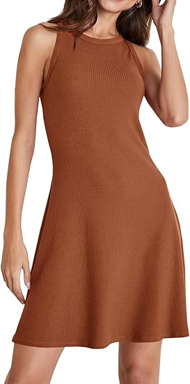 Wenrine Womens Summer Casual Tank Dress Ribbed Knit Sleeveless Crewneck A Line Mini Dresses | Amazon (US)