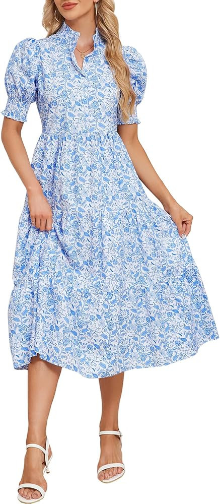 Kedera Women Summer Casual Maxi Dress Trendy 2025 Puff Short Sleeve V Neck Ruffle Tiered Flowy Bo... | Amazon (US)