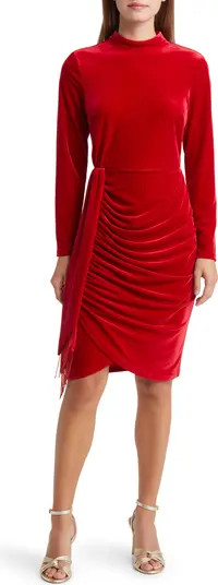 Beaded Drape Long Sleeve Stretch Velvet Sheath Dress | Nordstrom
