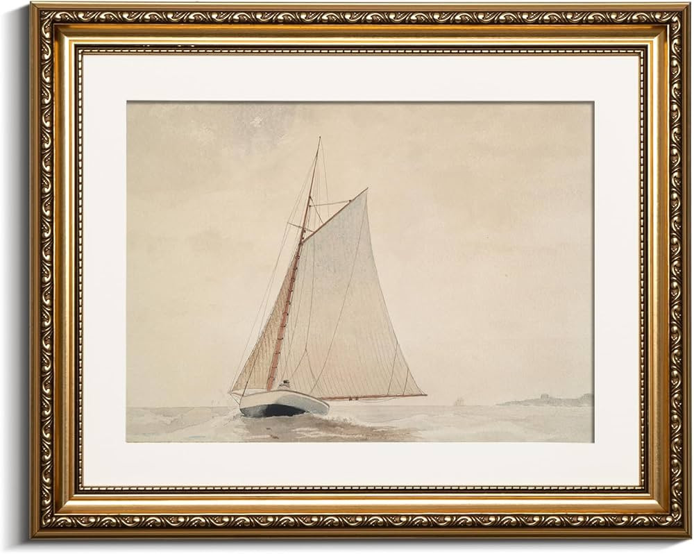 VIYYIEA Gold Framed Wall Art Canvas Print Home Decor for Living Room White Sailboat Seascape Wate... | Amazon (US)
