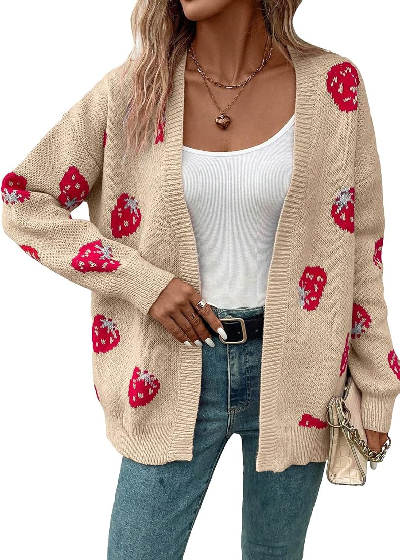 MakeMeChic Women's Strawberry Pattern Drop Shoulder Cardigan Long Sleeve Open Front Casual Outerw... | Amazon (US)