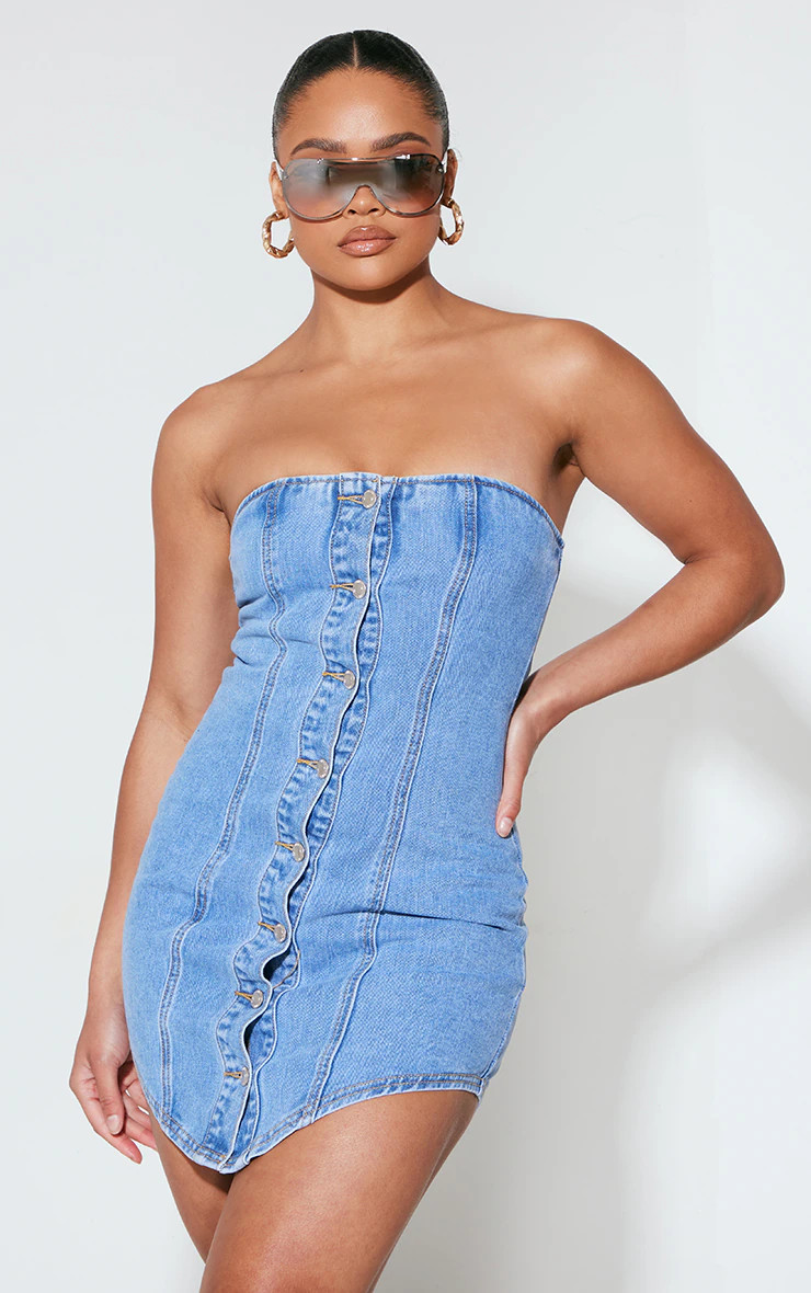 Bright Blue Curved Hem Button Through Denim Mini Dress | PrettyLittleThing UK