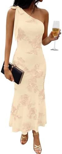 Caracilia Womens Floral One Shoulder Formal Dress Summer Elegant Bodycon Mesh Wedding Guest Cockt... | Amazon (US)