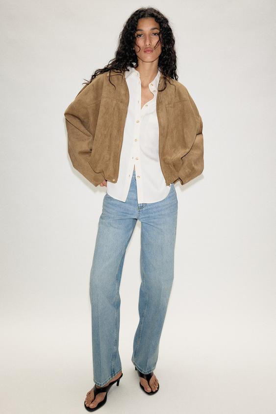 Zara - Suede Effect Bomber Jacket - Dark Brown - L - Woman | Zara AU