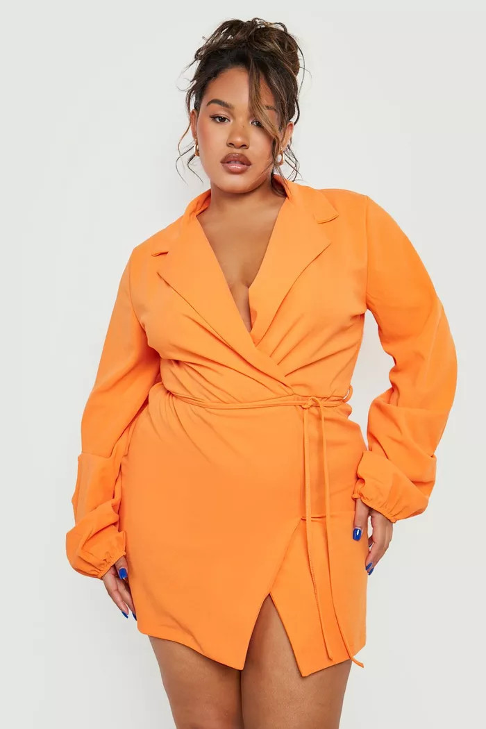 Plus Ruched Sleeve Tie Waist Blazer Dress | Boohoo.com (US & CA)