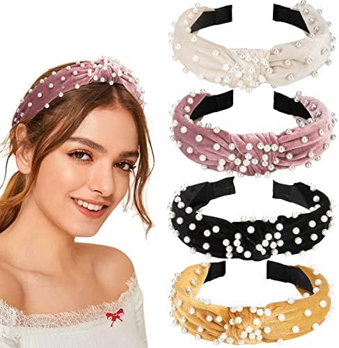 Allucho Headbands for Women Girls, Fashion Headbands Velvet Wide Headbands with Pearls Knot Turban H | Amazon (US)