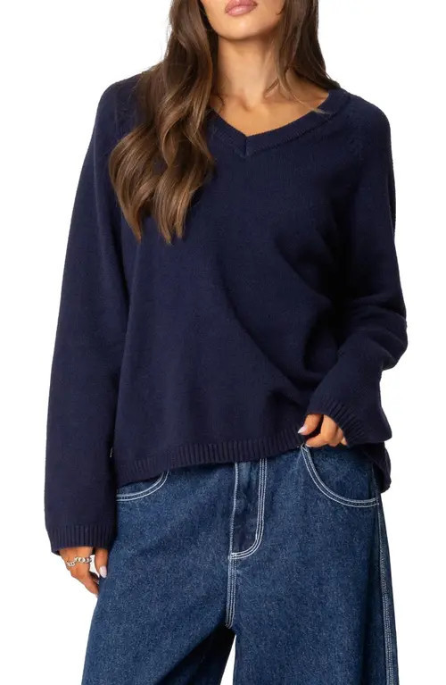 EDIKTED Martha Oversized V-Neck Sweater in Navy at Nordstrom, Size X-Large | Nordstrom