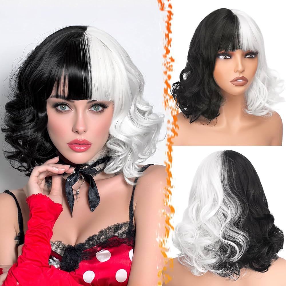 BARSDAR Short Wavy Black and White Wig with Bangs - Short Wavy Half Black Half White Bob Wig with... | Amazon (US)