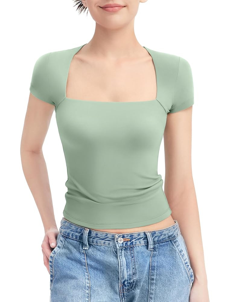 PUMIEY Women's Short Sleeve T Shirts Square Neck Going Out Tops Slim Fit Basic Tee Smoke Cloud Pr... | Amazon (US)