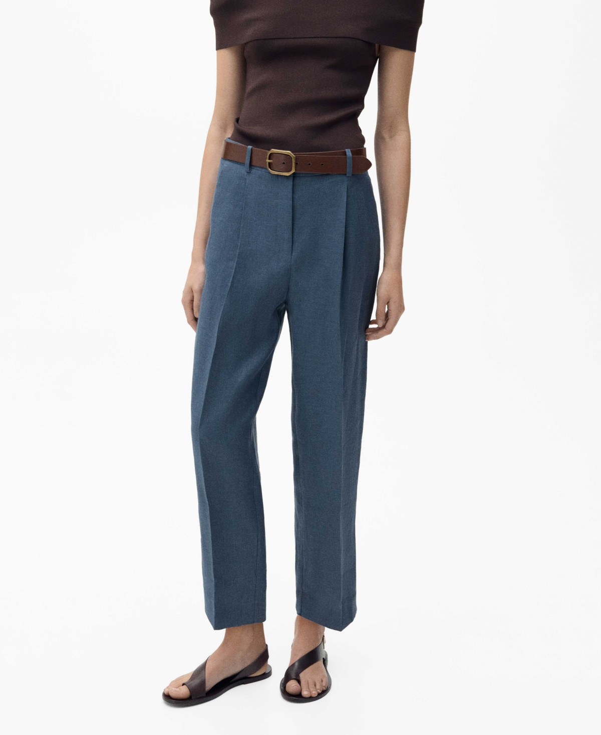 Mango Women's Pleated Detail Straight-Fit Linen Pants - Blue | Macy's