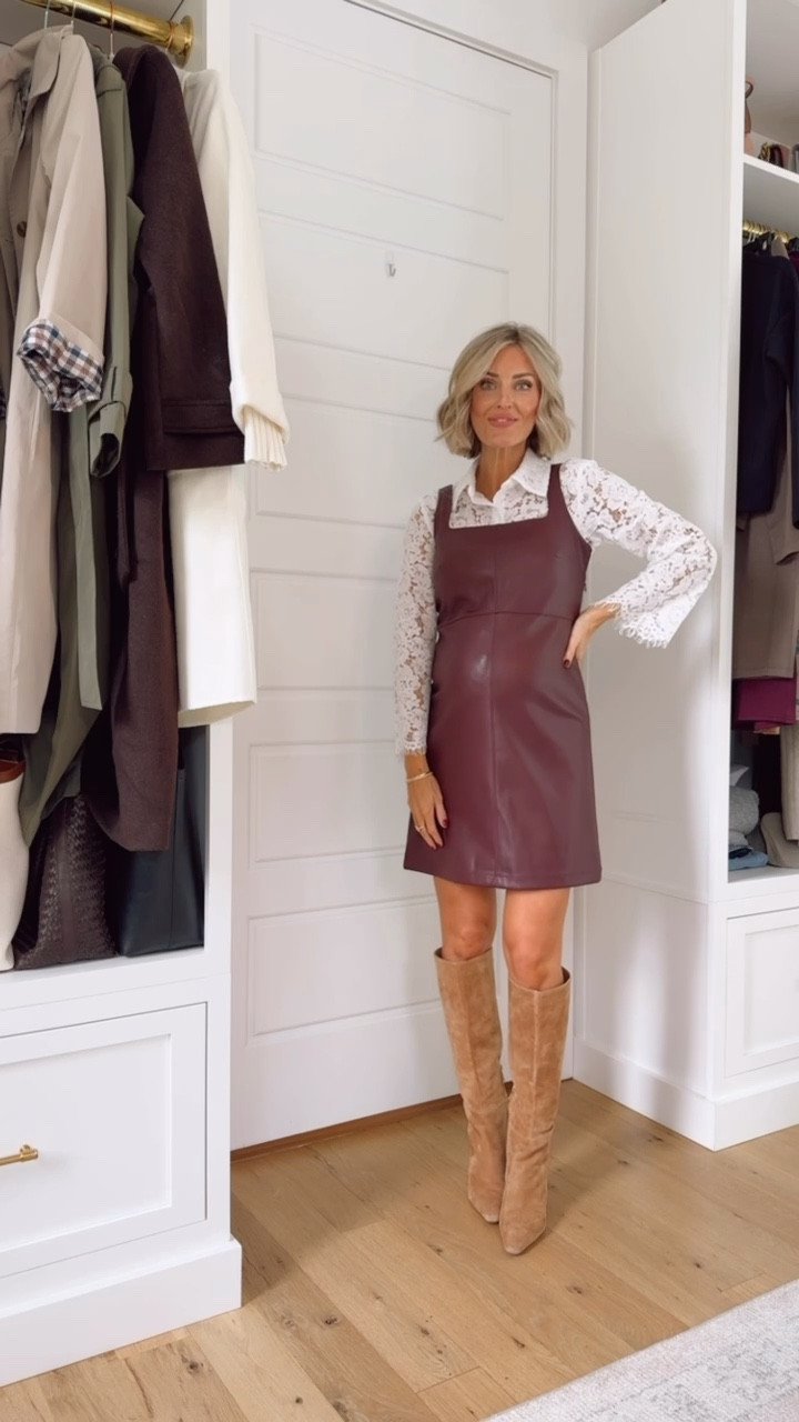 This faux leather dress with a lace top underneath is such a cute elevated fall look! Wearing XS in the top & 0 in the dress. 

Loverly Grey, Loft, faux leather dress, mini dress, burgundy dress, fall dress, lace top, tall boots, suede boots, fall boots, fall fashion, fall outfit ideas 