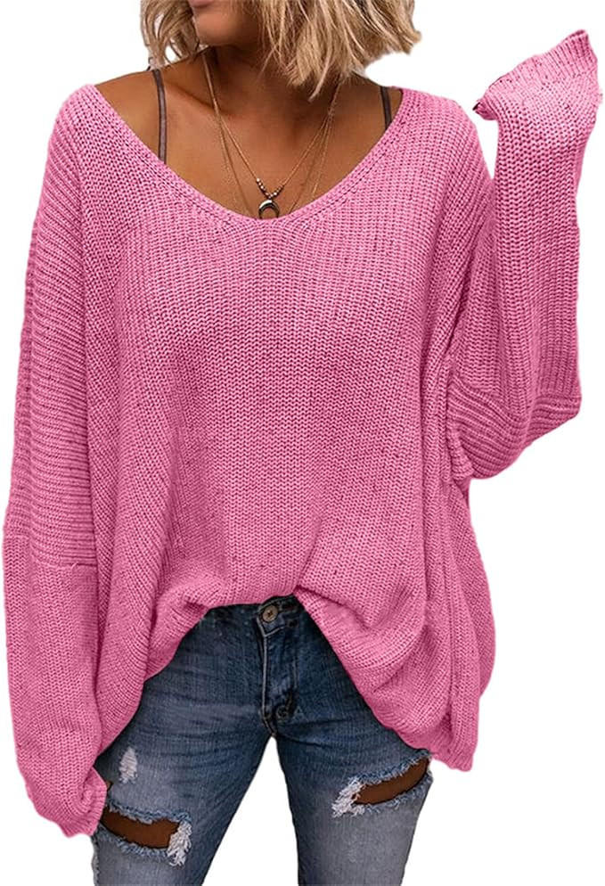 BZB Women's V Neck Long Sleeve Knit Loose Oversized Pullover Sweater | Amazon (US)