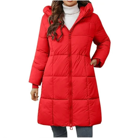 QUNYINEY Red Coats for Women Puffer Casual Zip Up Solid Mid Weight Coats Loose Long Sleeve Warm Mid-Length Windproof Hooded Coats | Walmart (US)