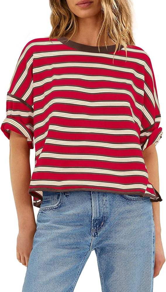 Panadila Womens Striped Shirt Short Sleeve Tops Summer Casual Oversized Tshirts Crew Neck Boxy Te... | Amazon (US)