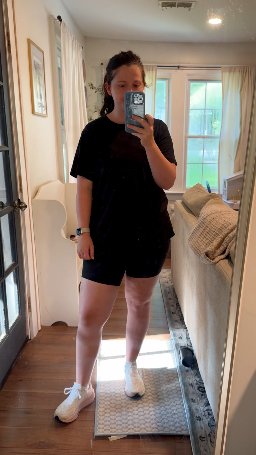 Mom ootd. Bike shorts and oversized t shirt 