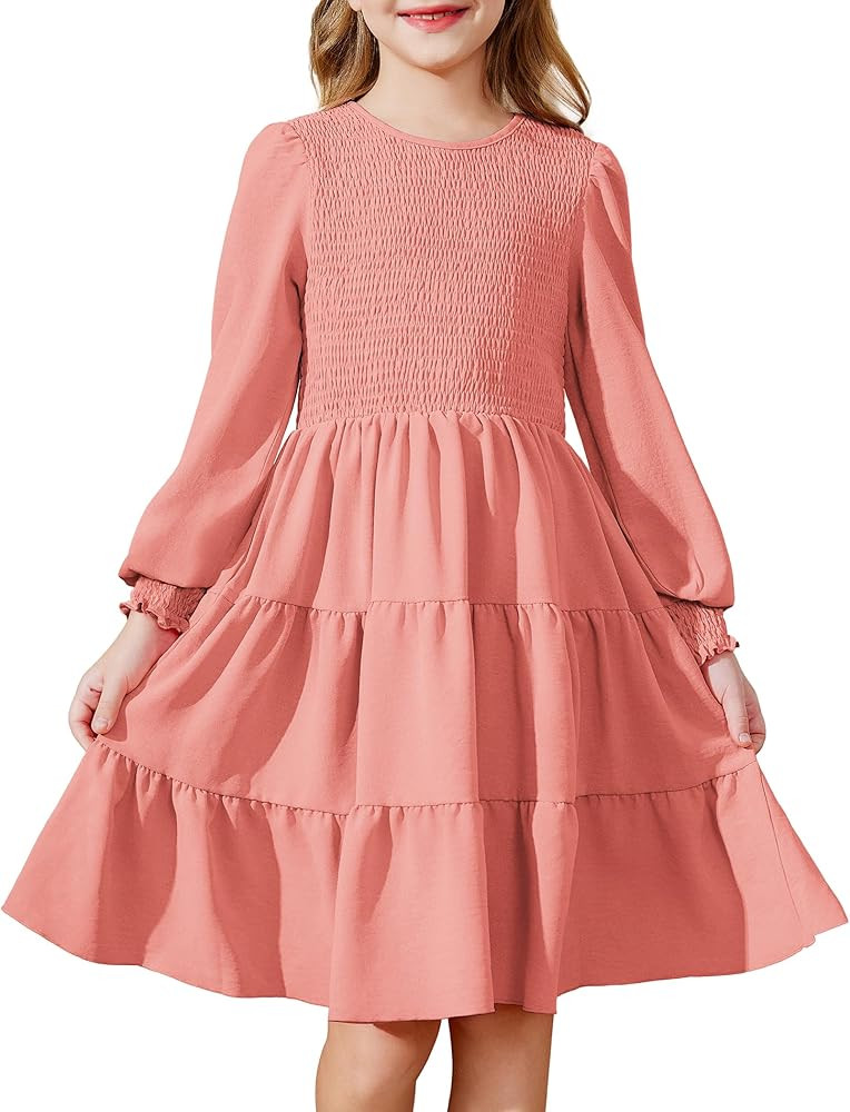 Arshiner Girls Dress Fall Boho Long Sleeve Shirred Smocked Tiered Party Dresses with Pockets | Amazon (US)
