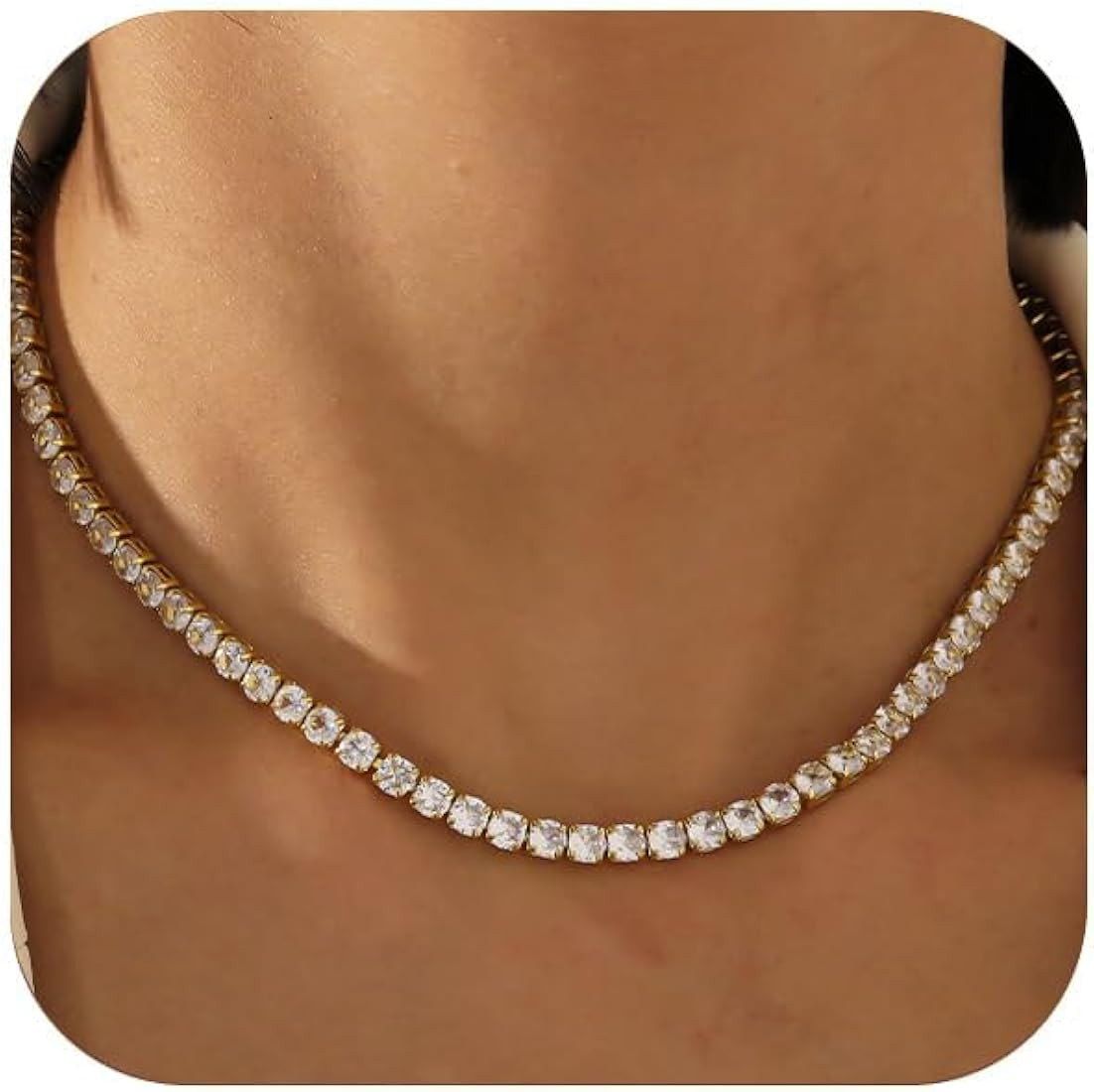 Tennis Necklace for Women – 4mm 5A Cubic Zirconia Rhinestone Necklace 14K White/Yellow Gold Pla... | Amazon (US)