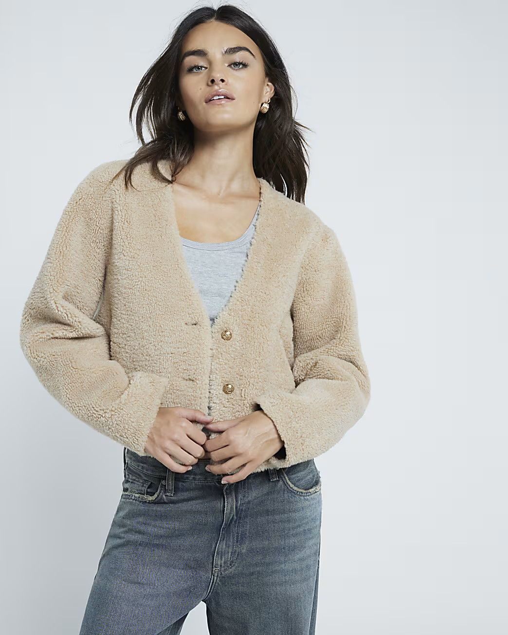 Beige Buttoned Shearling Cardigan | River Island (UK & IE)