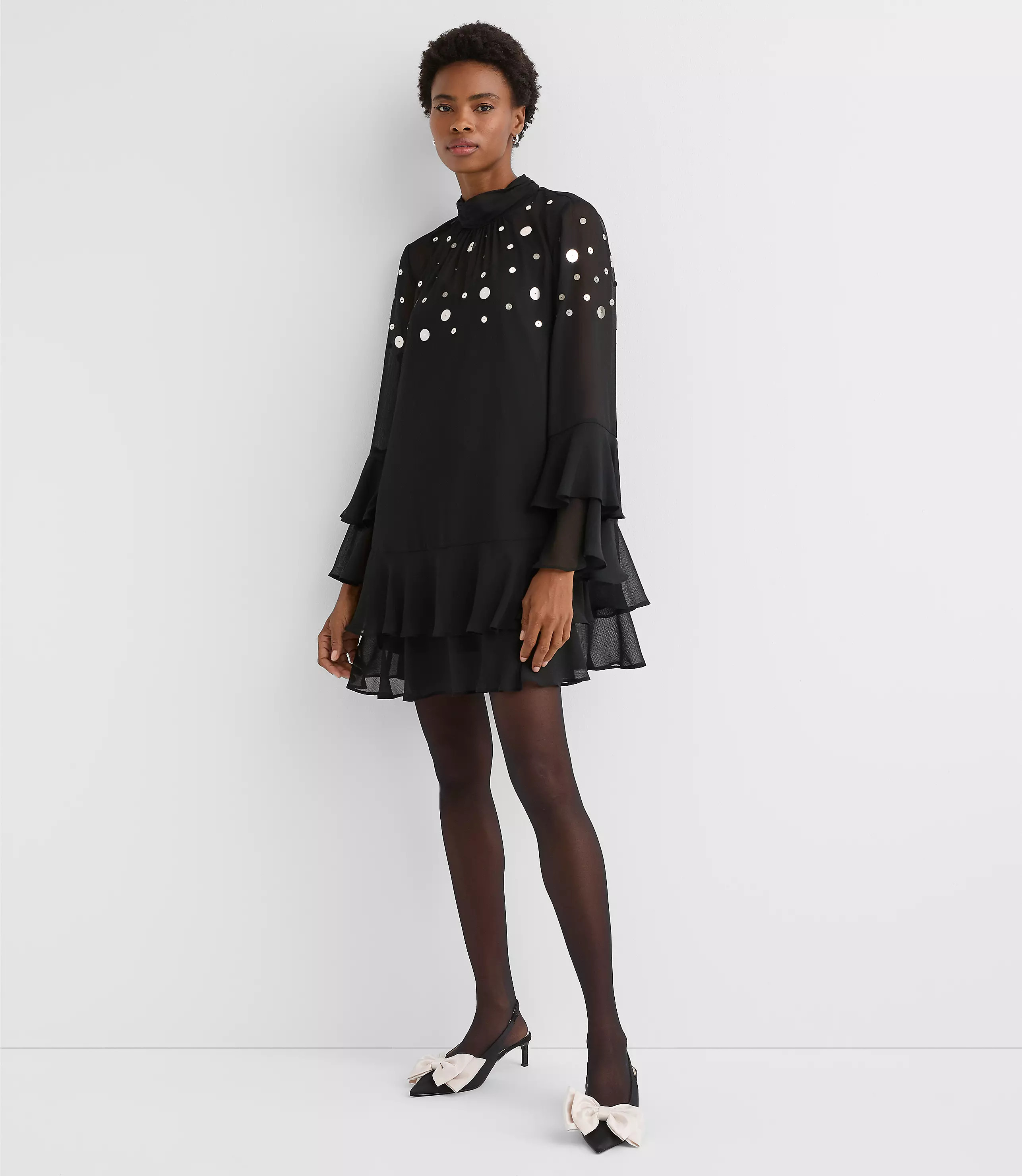 Petite Sequin Ruffle Mock Neck Mini Dress | LOFT