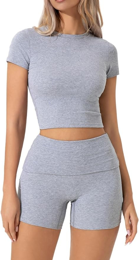 QINSEN Women's 2 Piece Outfits Lounge Sets Slim Fitted Short Sleeve Crop Tops Fold Over Shorts Ca... | Amazon (US)