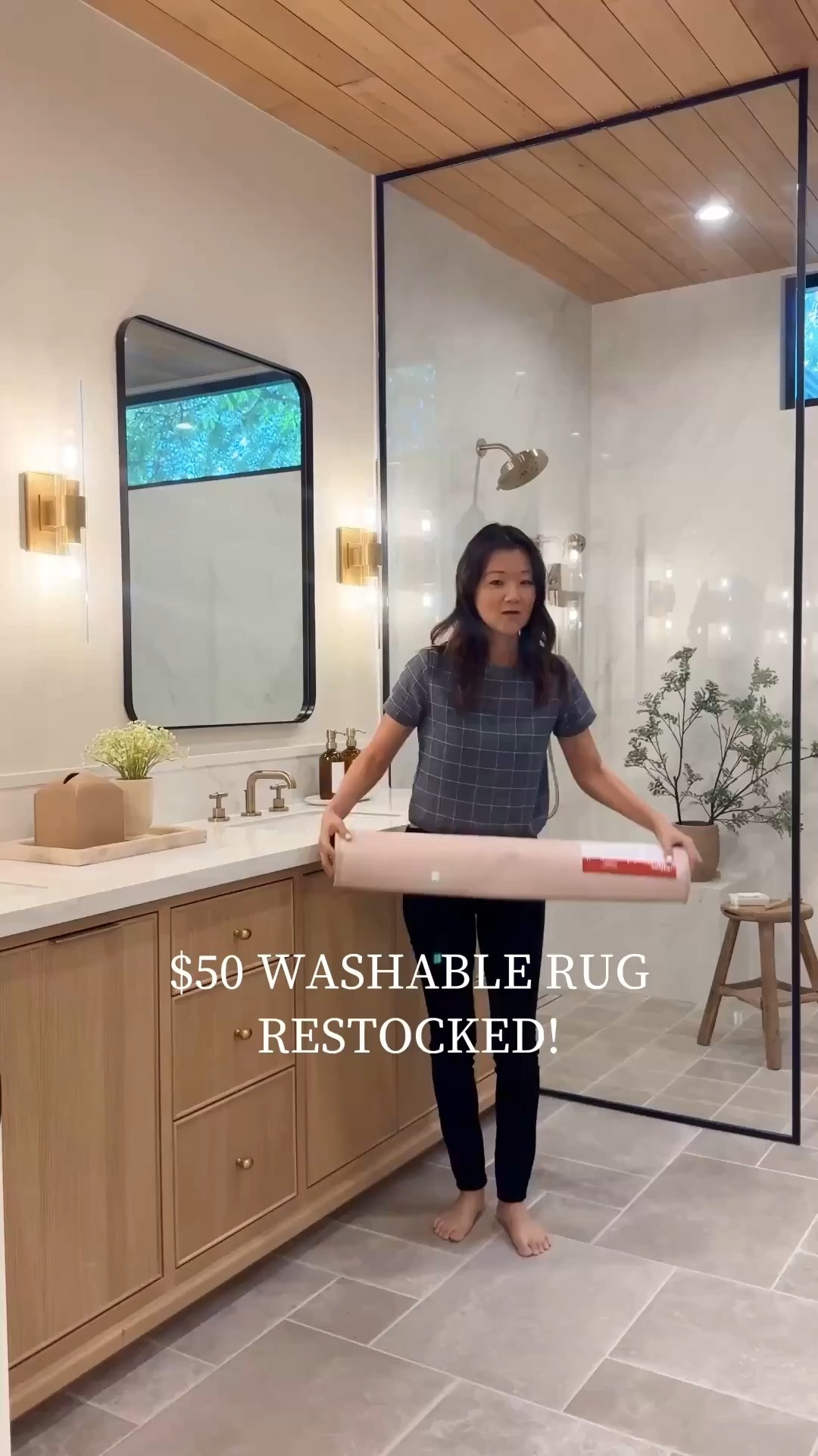 Love the pattern and soft tones on this rug and it's sooooo soft.
Can't believe it's on sale!

Wood vanity, scallop rug, runner, scallop, brass faucet, plumbing, brass hardware, black rectangular mirror, glass panel gray tile brass sconces Wayfair pink flowers

#LTKSaleAlert #LTKHome