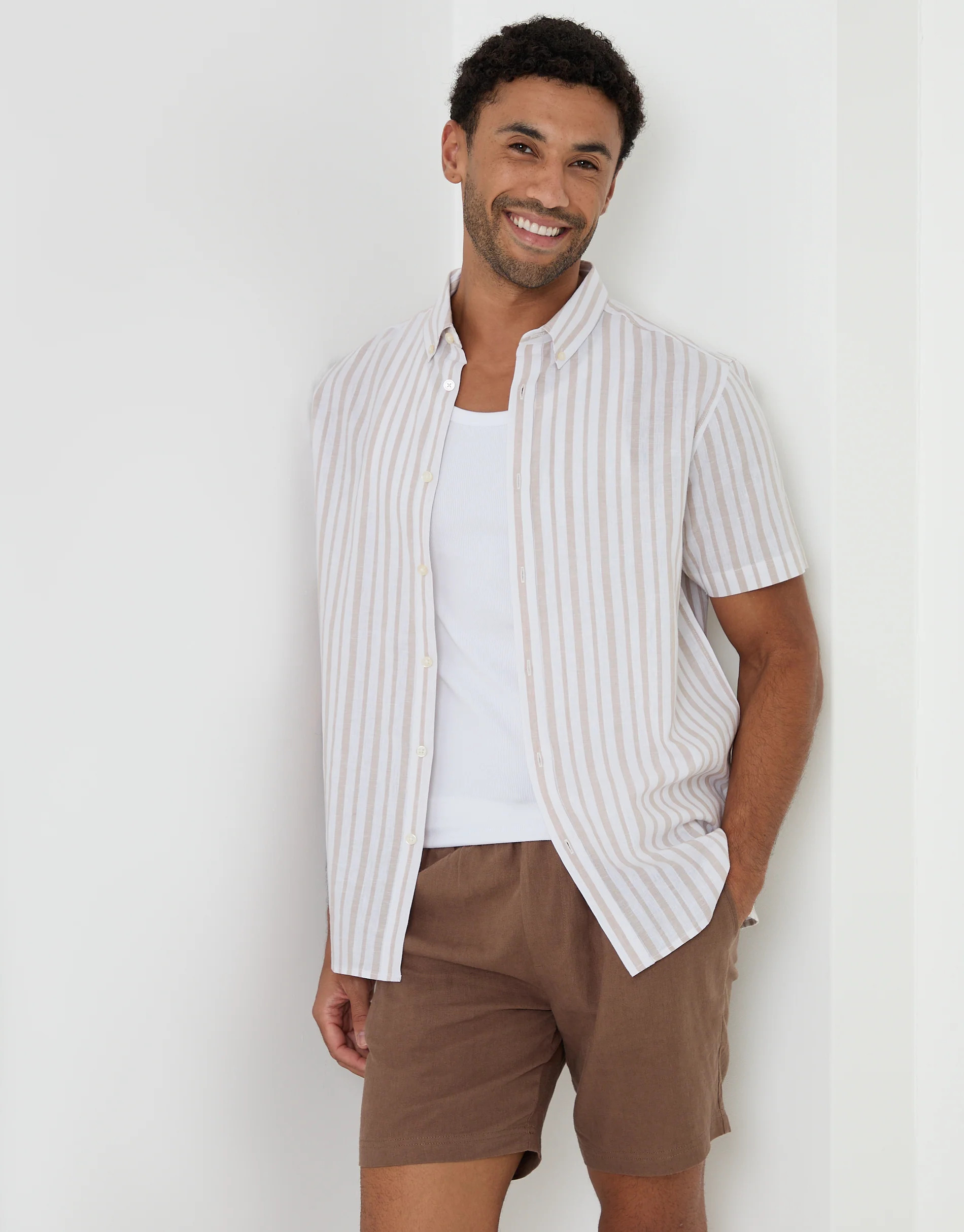 Linen Cotton Blend Short Sleeve Shirt in Stone Stripe | Threadbare UK