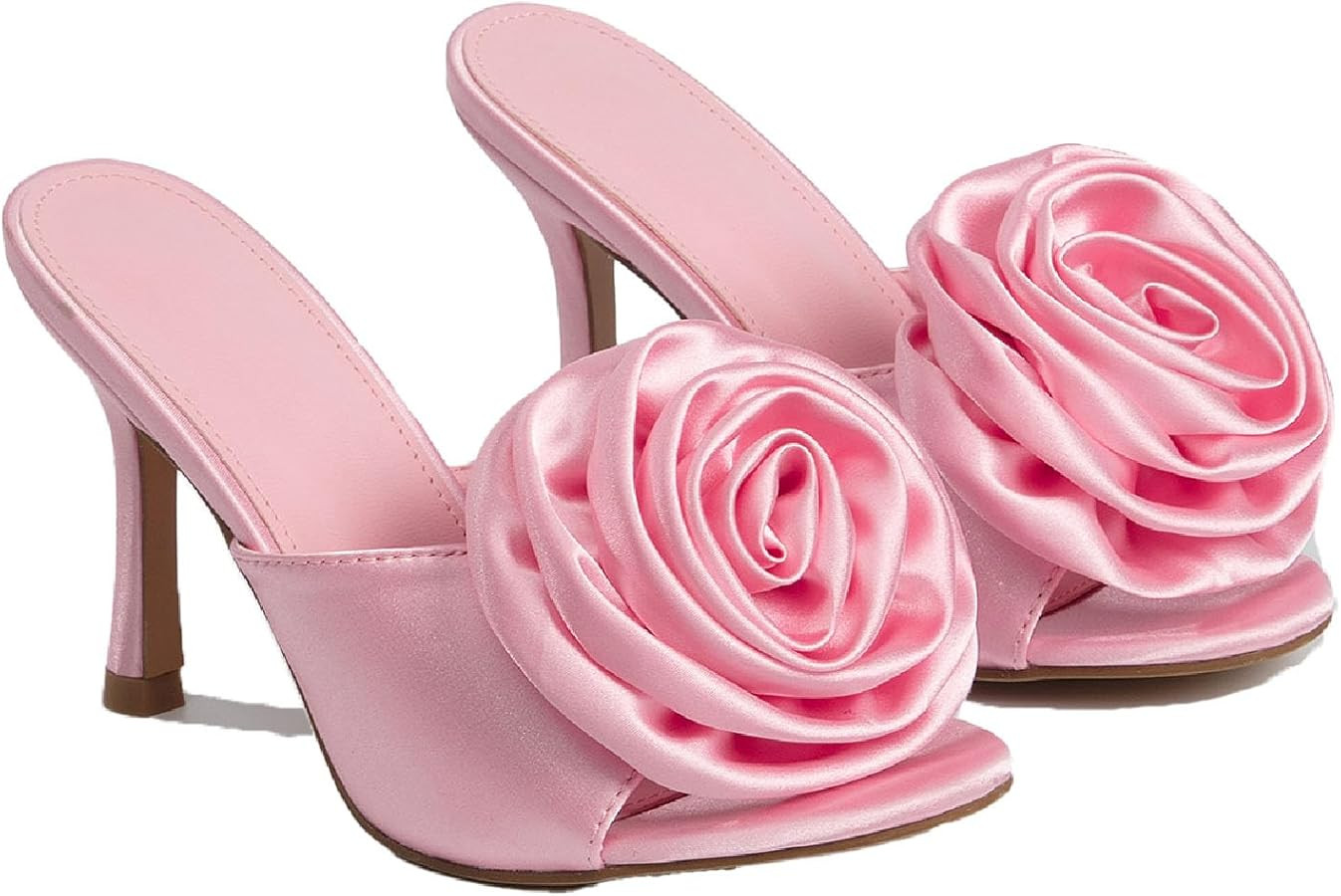 Women's Satin 3D Flower Pointed Toe Kitten Heel Sandals Mules Fashion Fish Mouth Slip On Non-Slip... | Amazon (US)