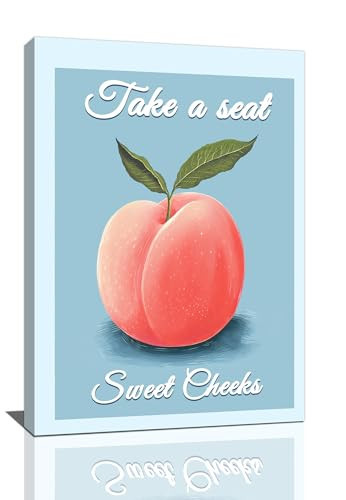 Peach Bathroom Wall Art Funny Peach Decor Blue Bathroom Canvas Print Fruit Painting Modern Artwork Home Decorations for Bathroom Bedroom Framed 16"x24" | Amazon (US)