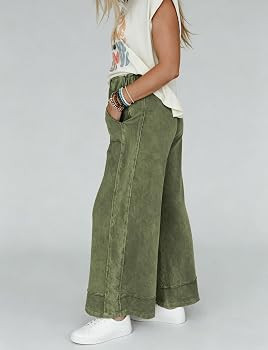 Athlisan Womens Casual Wide Leg Sweatpants Acid Wash Elastic Waisted Palazzo Pants Trousers with ... | Amazon (US)
