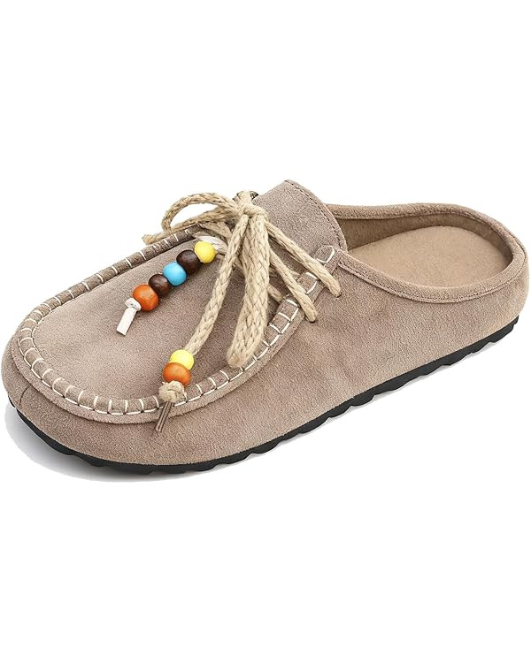 Women's Suede Flat Moccasin Mules with Beaded Casual Comfortable Round Toe Soft Sole Slip On Clog... | Amazon (US)