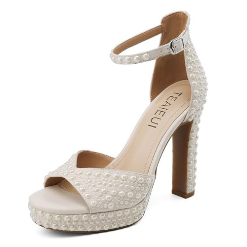 TEAIEUI Pearl Heels Platform Block Sandals for Women Wedding Sandals for Bride White Chunky Heels Bridal Shoes with Ankle Strap 9.5 | Amazon (US)